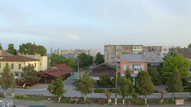 Aerial view of Chilia old town and the port on the Kilya waterway on Danube river. Danube delta Romania. The port of Chilia. Maritime navigation arm and border point. Chilia Veche, Romania and Ukraine