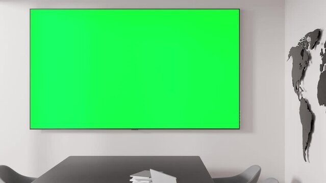 Conference room with blank green TV screen. Monitor mock up with Chroma Key. Business meeting room with empty LCD screen for presentation, advertising. Modern office. Copy space. 3d animation.
