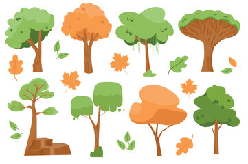 Summer and autumn trees isolated elements set in flat design. Vector illustration.