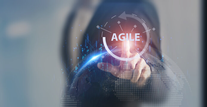 Agile Management, The Principles Of Agile Software Development And Lean Management To Various Management Processes, Product Development Lifecycle  And Project Management. Change Driven Concept.