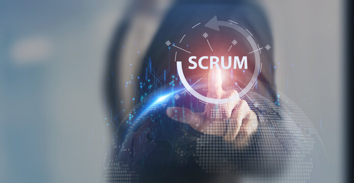 SCRUM, agile development methodology concept. Task sprint teamwork methodology. Adaptable, fast, flexible and effective agile framework. Scrum roles, product owner, scrum master and scrum team.