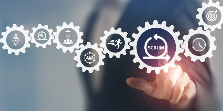 SCRUM, agile development methodology concept. Task sprint teamwork methodology. Adaptable, fast, flexible and effective agile framework. Scrum roles, product owner, scrum master and scrum team.