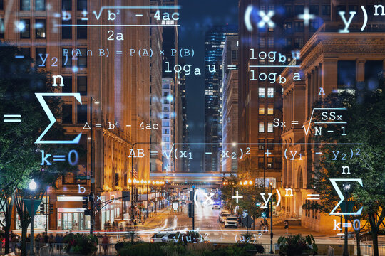 Chicago downtown area city view and Millennium Park area, night time, Illinois, USA. Skyscrapers of financial district. Education concept. Academic research, top ranking universities, hologram