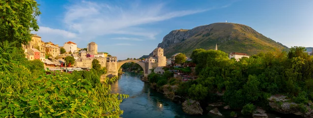 Papier Peint photo autocollant Stari Most Panorama of The Old Bridge in Mostar in a beautiful summer day, Bosnia and Herzegovina