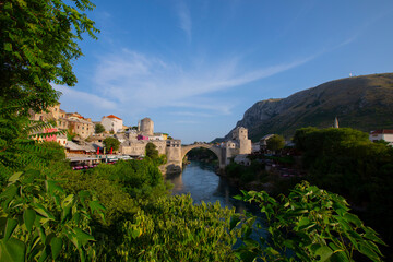 Panorama of The Old Bridge in Mostar in a beautiful summer day, Bosnia and Herzegovina