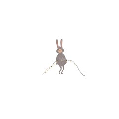 Illustration with a boy dressed as a hare with a garland in his hands. Christmas print on white background for books, paper, logo, stickers, banners, greeting, nursing.