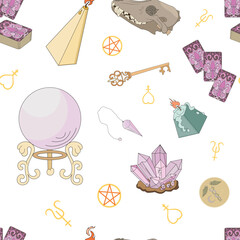 Vector seamless pattern with oracle symbols. Reading tarot cards, rituals with crystals, candles, wolf skull, caduceus, magic key. The concept of spiritual development and meditation.