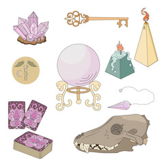 Attributes of the medium for the prediction of well-being, health, wealth. Wolf skull, crystal ball, pendulum, deck of tarot cards, candles, quartz crystals, key, caduceus. Spiritual meditation. Vecto