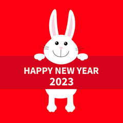 Happy Chinese New Year 2023. The year of the rabbit. White bunny hanging on paper board. Paw print. Big ears. Cute cartoon character. Kawaii animal. Baby card. Flat design. Red background
