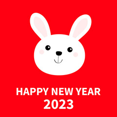 Happy Chinese New Year 2023. The year of the rabbit. White bunny hare face head round icon. Cute kawaii cartoon funny character. Baby greeting card. Red background. Flat design.