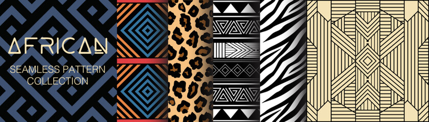 African collection of seamless patterns. Geometry, textures and signs. Ethnic aesthetic and african ornaments. Tribal designs, folk artworks and native style graphics. Black culture inspired.