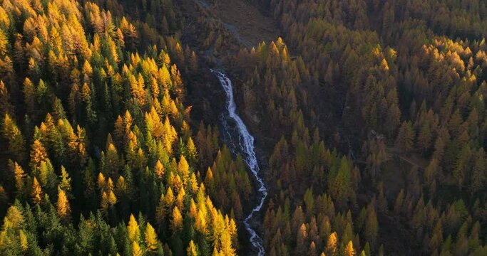Waterfall surrounded by Ahrntal Casere pristine Autumn woodland national park aerial view, South Tyrol