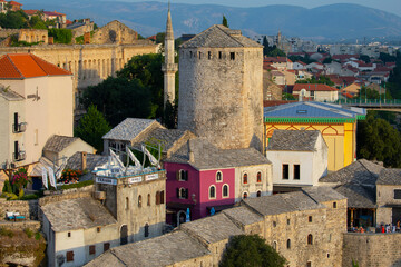 Panorama of The Old Bridge in Mostar in a beautiful summer day, Bosnia and Herzegovina