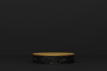 Black marble podium product display on luxury background with advertising backdrops. Empty pedestal podium for showing. 3D render.
