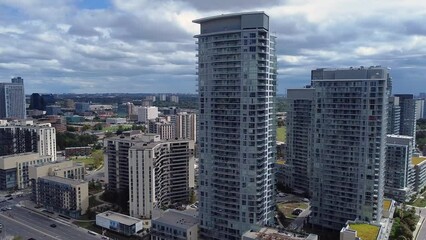 Henry Farm condominium development near Fairview Mall in North York, Toronto; aerial 4K