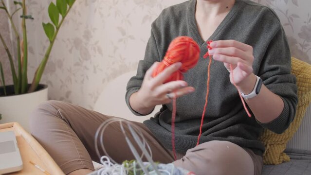Woman chooses yarn for cable knitting with tutorial on laptop. Learn to knit from video lessons on Internet. Cozy home with room plants.