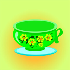 Artwork bright green mug cup with tea, coffee, chicory, herbal drink on a gradient yellow background. Vector image. Pattern on a flower mug. empty cup