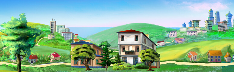 Country houses in nature illustration