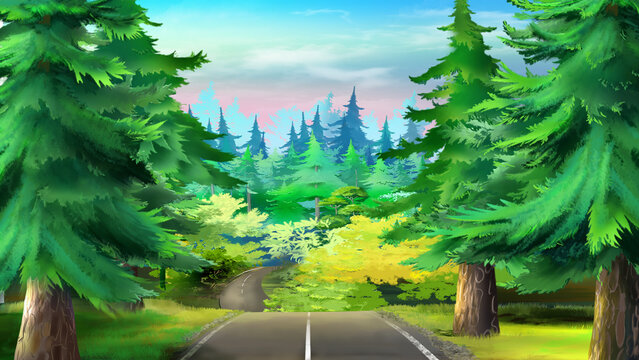 Road in the forest between the trees