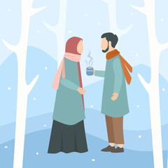 Illustration of romantic muslim couple in winter. Drink warm water around the snow