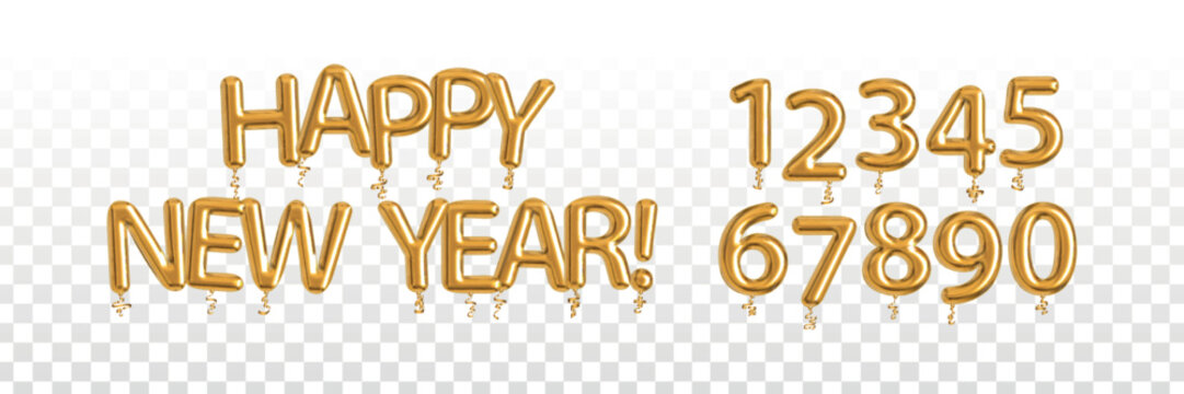 Vector realistic isolated golden balloon text of Happy New Year with numbers on the transparent background.
