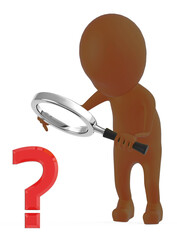 3d brown character examining a question mark sign through a magnifier which the character is holding on his hands