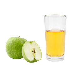 Glass of apple juice and green apple fruit isolated on a white background