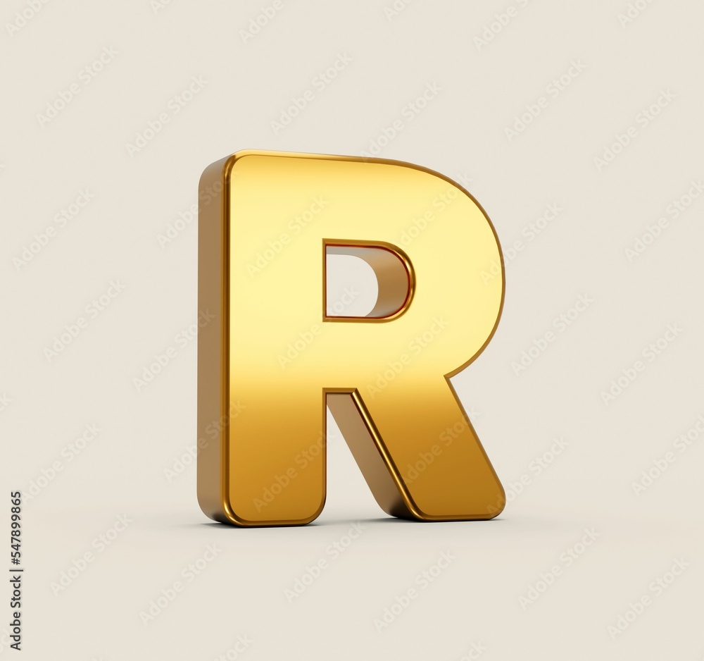 Poster 3d rendering of a golden letter r isolated on a beige background