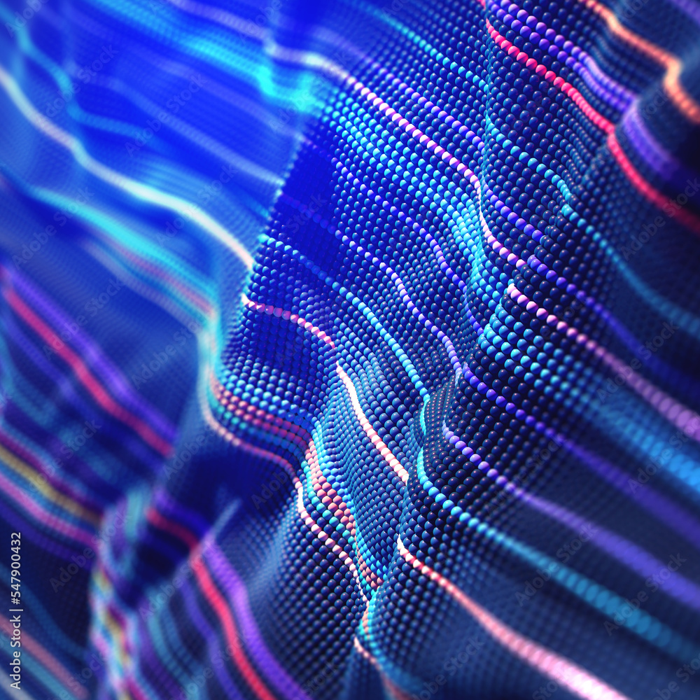 Poster dancing points of vibrations sounds. sound waves of digital data. information flow field 3d illustra