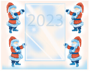 New Year card. Four Santa Claus and 2023 greeting card.