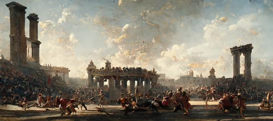 Fotobehang Gladiators fight in a colosseum. Slave. roman soldiers armed and fighting. © Gasi