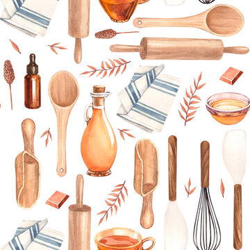 Watercolor Seamless Pattern Cooking Utensils And Kitchen Tools . Illustration On White Background. Isolated On White Background Cafe, Restaurant Menu Element.