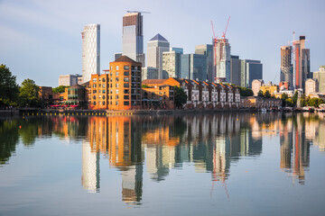 Fototapeta na wymiar London cityscape Canary Wharf with reflection from Greenland Dock