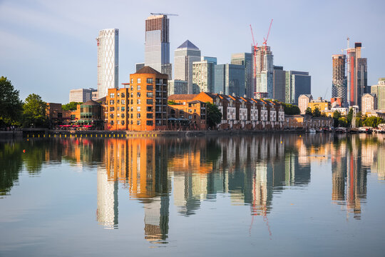 London Cityscape Canary Wharf With Reflection From Greenland Dock