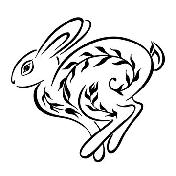 Decorative rabbit. Composition with a bunny, flowers  ornament. Happy Easter greeting card of bunny, rabbit icon, on white background.  Black and white hand drawn image. Linear drawing. 2023 symbol. 