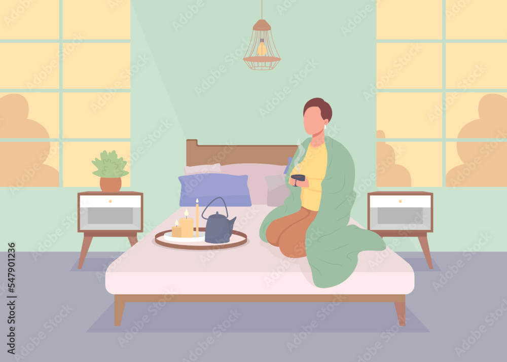 Poster man resting alone at home flat color vector illustration. drinking tea and enjoying calmness. time f