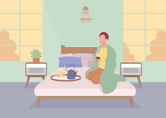 Fototapeta premium Man resting alone at home flat color vector illustration. Drinking tea and enjoying calmness. Time for yourself. Fully editable 2D simple cartoon character with bedroom interior on background