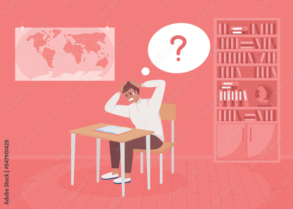 Poster stressed student at test flat color vector illustration. panic attack caused by exam. fully editable
