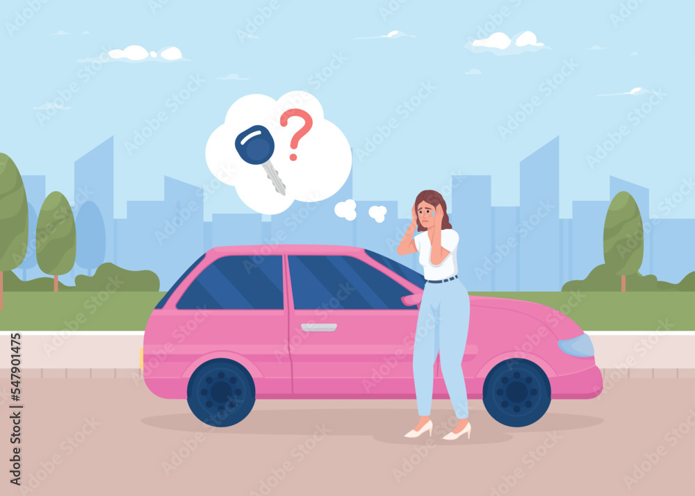 Poster woman with panic attack near car flat color vector illustration. driver lost ignition key. fully edi