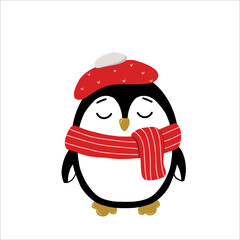 Cute penguin in  with a scarf and winter hat on his head. Winter illustration. Vector illustration.
