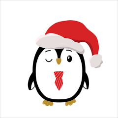 Cute penguin in  with a tie and New Year's hat on his head. Winter illustration. Vector illustration.