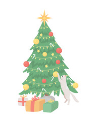 Cat playing with christmas tree semi flat color vector character. Editable figures. Full sized animal, item on white. Festive simple cartoon style illustration for web graphic design and animation