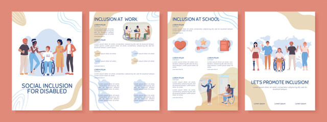 Social inclusion for disabled flat vector brochure template. Booklet, leaflet printable flat color designs. Editable magazine page, reports kit with text space. Sniglet, Comfortaa fonts used