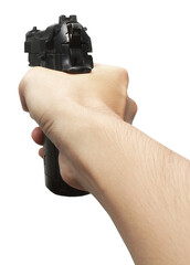 POV Hand holding pistol gun weapon isolated transparent