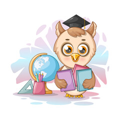 Cute and smart owl with books, pencils, ruler and globe