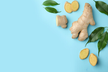 Fresh ginger with green leaves on pale light blue background, flat lay. Space for text