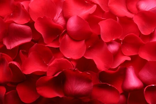 Beautiful red rose flower petals as background, top view