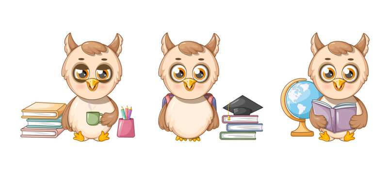 Collection of smart cartoon owls with school supplies