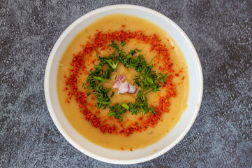 Taditional fava with olive oil. Mashed broad beans fava appetizer.