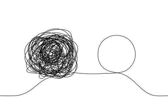 continuous one line drawing of a chaotic tangled complex knot and next to it a untwisted knot in the form of a single line circle. Concept of solving the problem, comparing the complex and the easy